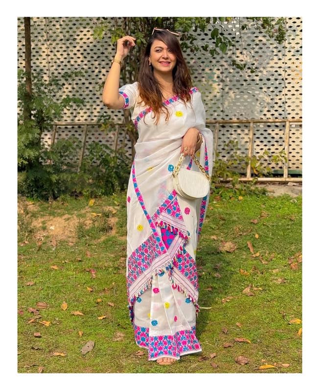 Mekhela Chador Assamese Cotton Woven Pattern Traditional Two Piece Outfit With Running Blouse Included White Free Size(NOT SAREEE)-image-21
