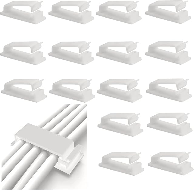 30 Pcs Self Adhesive Cable Management Clips, Cable Organisers Sticky Wire Clips Cord Holder with Transparent Storage Box Wire Clips for Home Office School (46 x 18 mm, White)