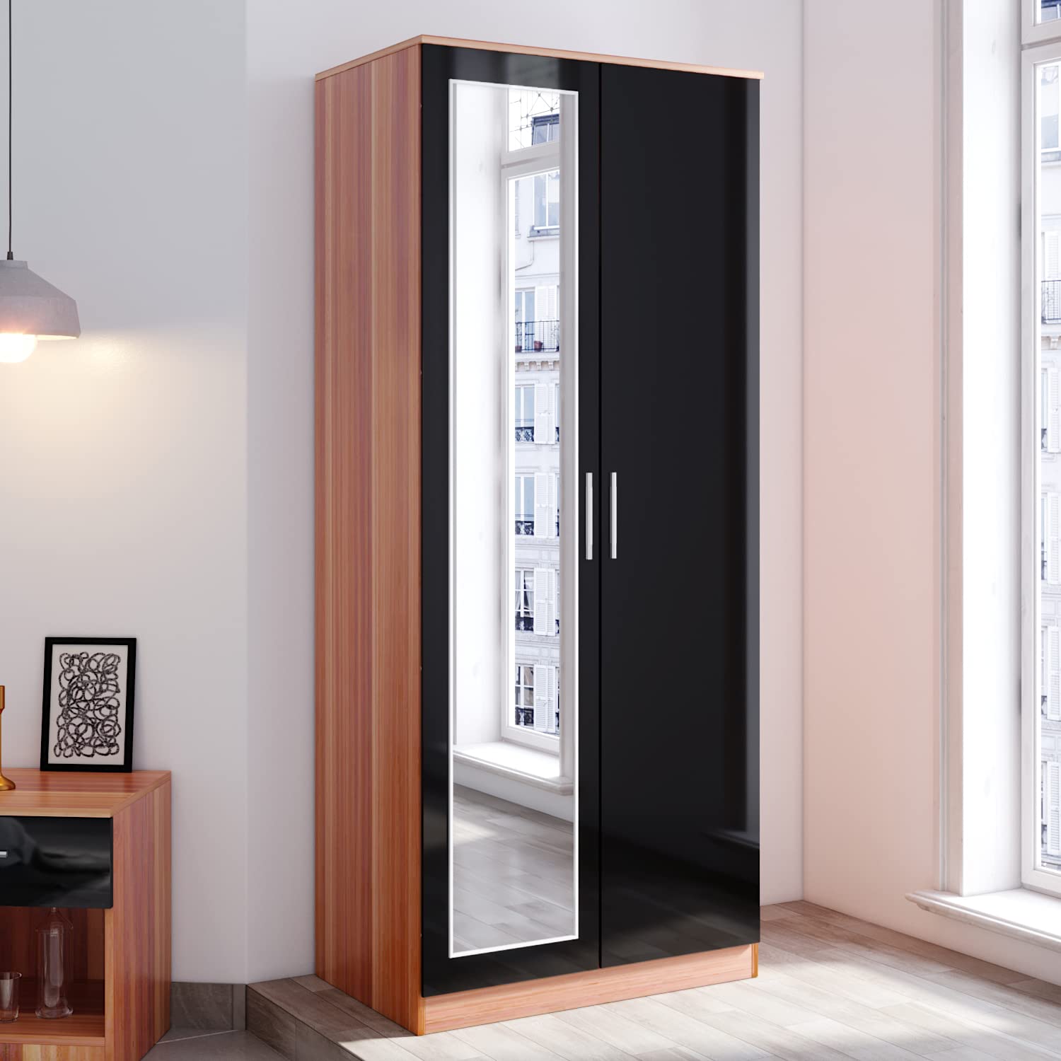 ELEGANT 2 Door Wardrobe with Hanging Rail and Full-length Mirror High Gloss Bedroom Furniture for Home Bedroom, 5 Colors Available