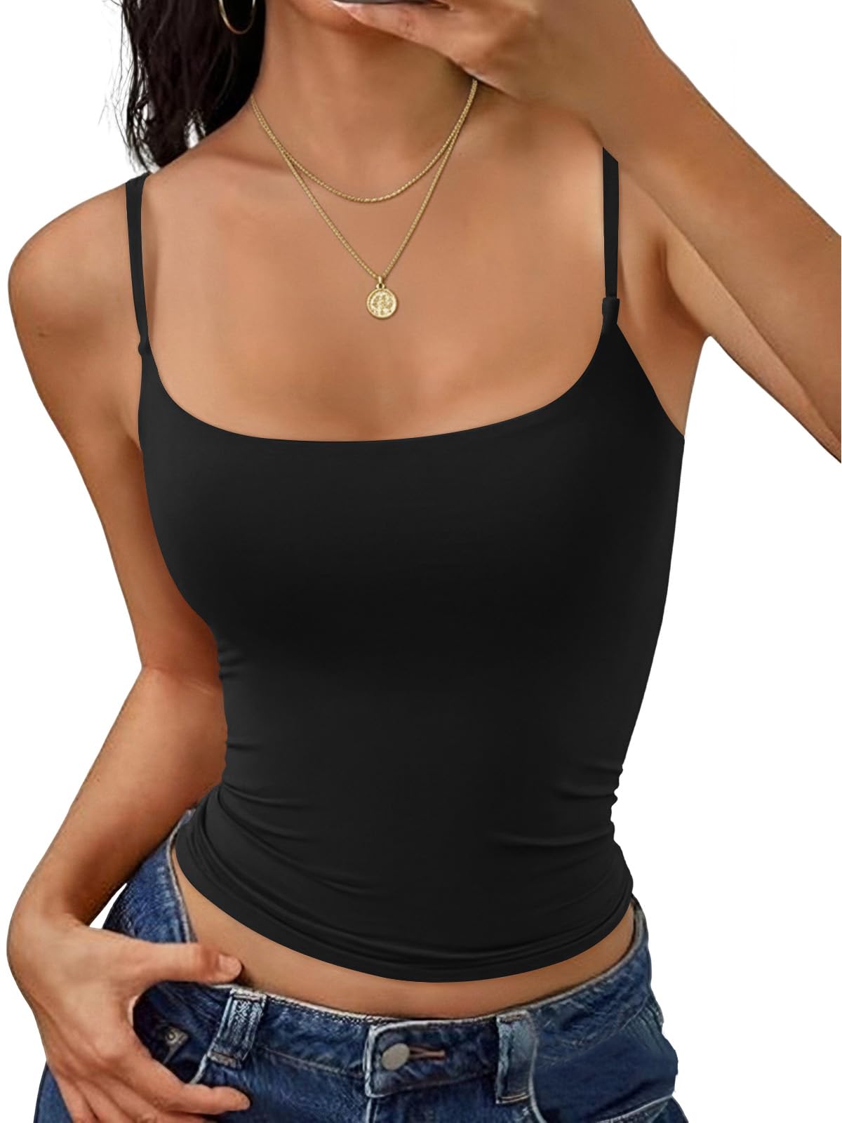 Cuptacc Top Damen Spaghettiträger Verstellbarer Eckiger Ausschnitt Yoga Tank Top Damen Doppellagige Sommer Basic Cami Oberteil Mädchen Schwarz XS