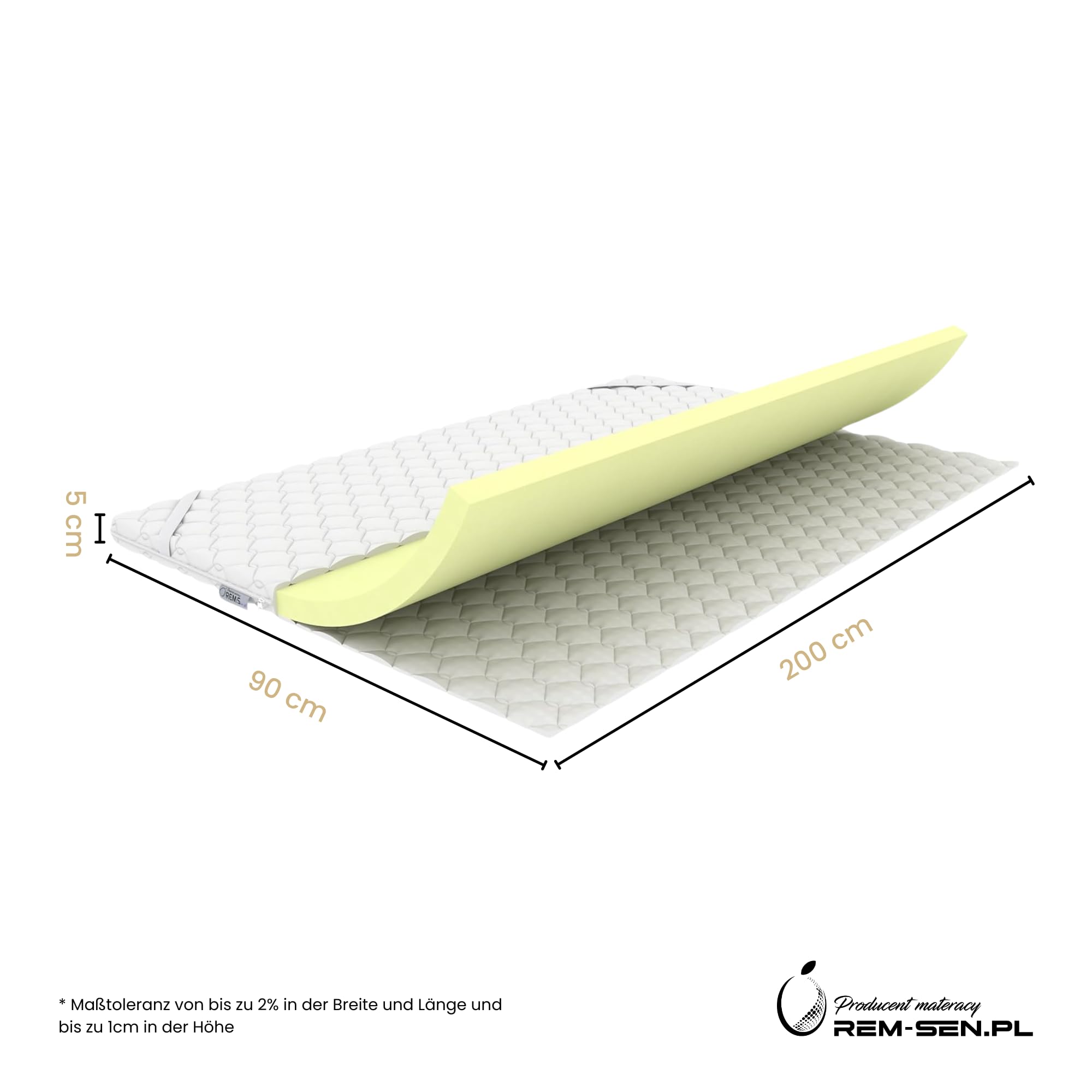 REM-SEN Matratzen Topper Matratzentopper 90x200 cm Höhe 5cm Härtegrad 3 (H3) Mattress Topper aus mittelfeste Polyurethanschaum, Dreilagige Membranhülle, Für Sofa oder jeden Platz, Öko-Tex Zertifiziert