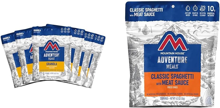 Mountain House Granola with Milk & Blueberries | Freeze Dried Backpacking & Camping Food | 6-Pack (0055450) & Classic Spaghetti with Meat Sauce | Freeze Dried Backpacking & Camping Food |2 Servings