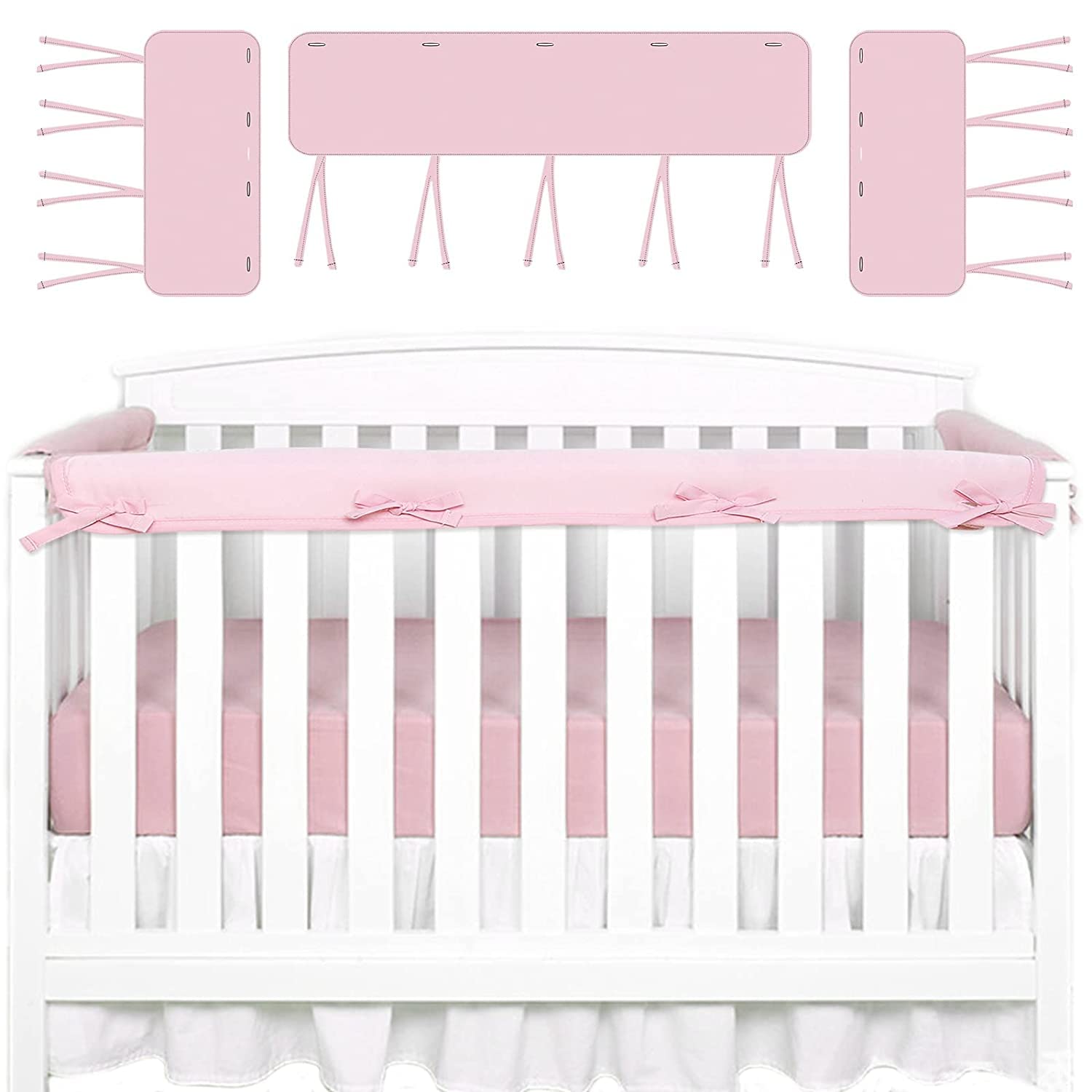 IDAHSOR Crib Rail Covers, Wrapped Rail Cover 3 Pcs (One Set) Anti-Collision Strip Corner Cover for Teething Bed Guardrail Cover Boys & Girls for Standard Crib (Pink)