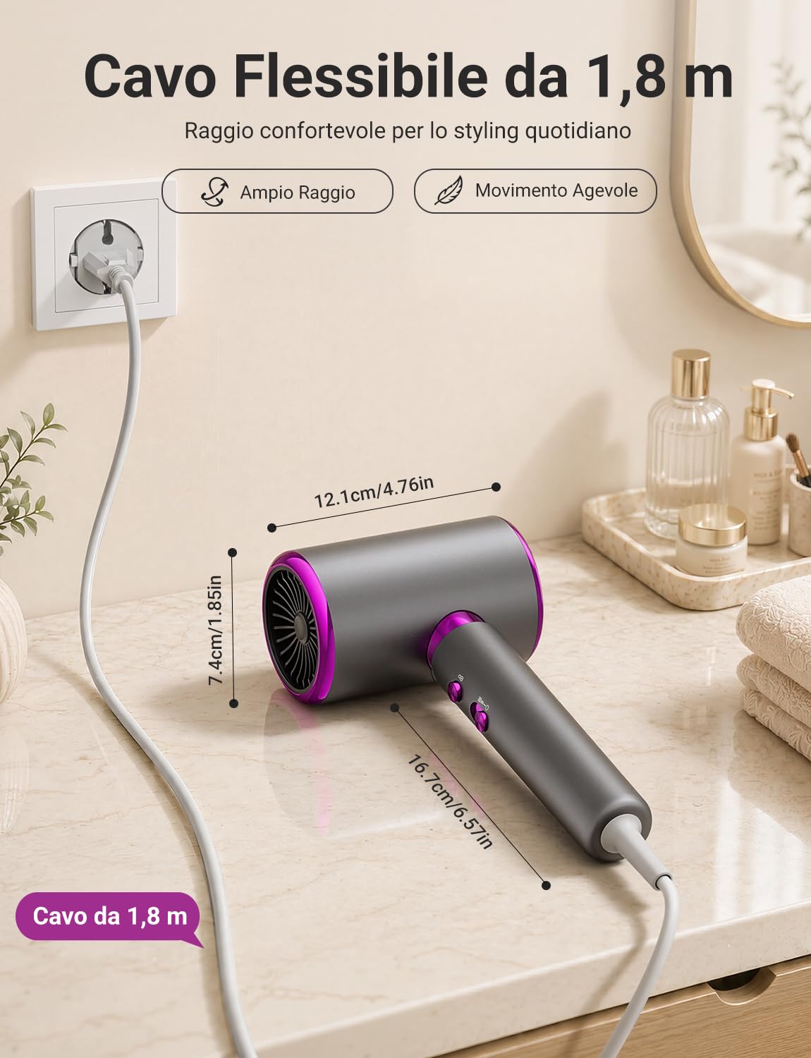 Asciugacapelli 2400W con Diffusore e Concentratore | Phon Capelli Potente, 3 Temperature e 2 Velocità, Getto Freddo, Asciugatura Rapida per Capelli Ricci e Lisci