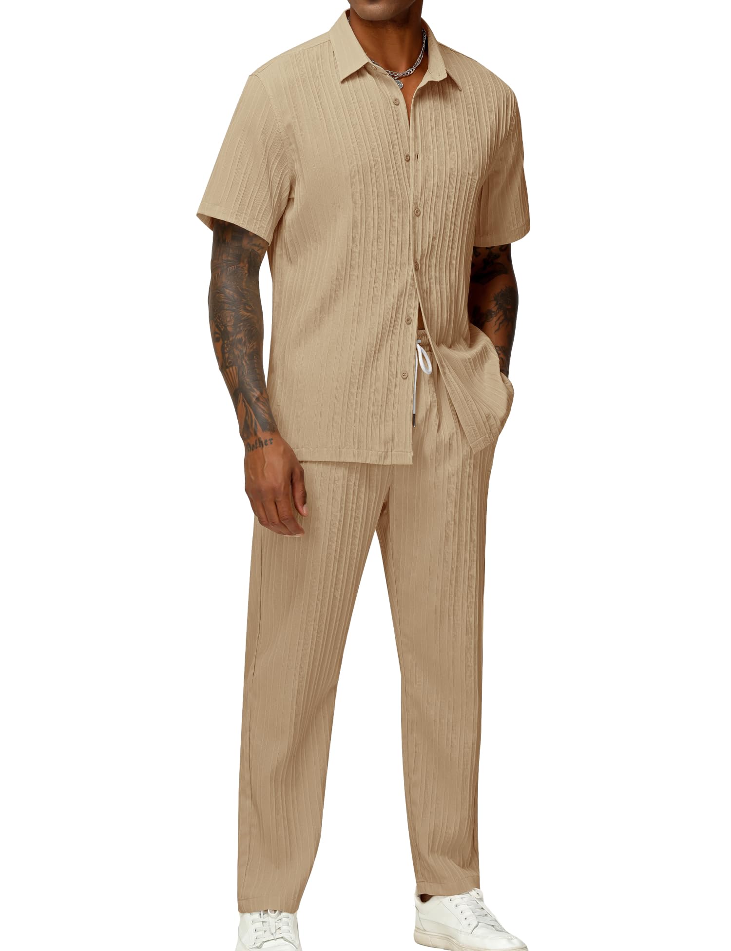 LecGee Men's 2 Piece Vertical Striped Textured Outfits Summer Casual Button Down Shirts And Pants Matching Sets