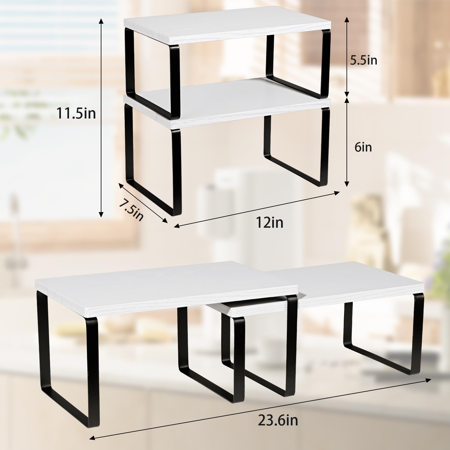 Lot de 2 étagères extensibles empilables pour comptoir de cuisine, étagère à épices en métal et bois, encre noire et blanc neige