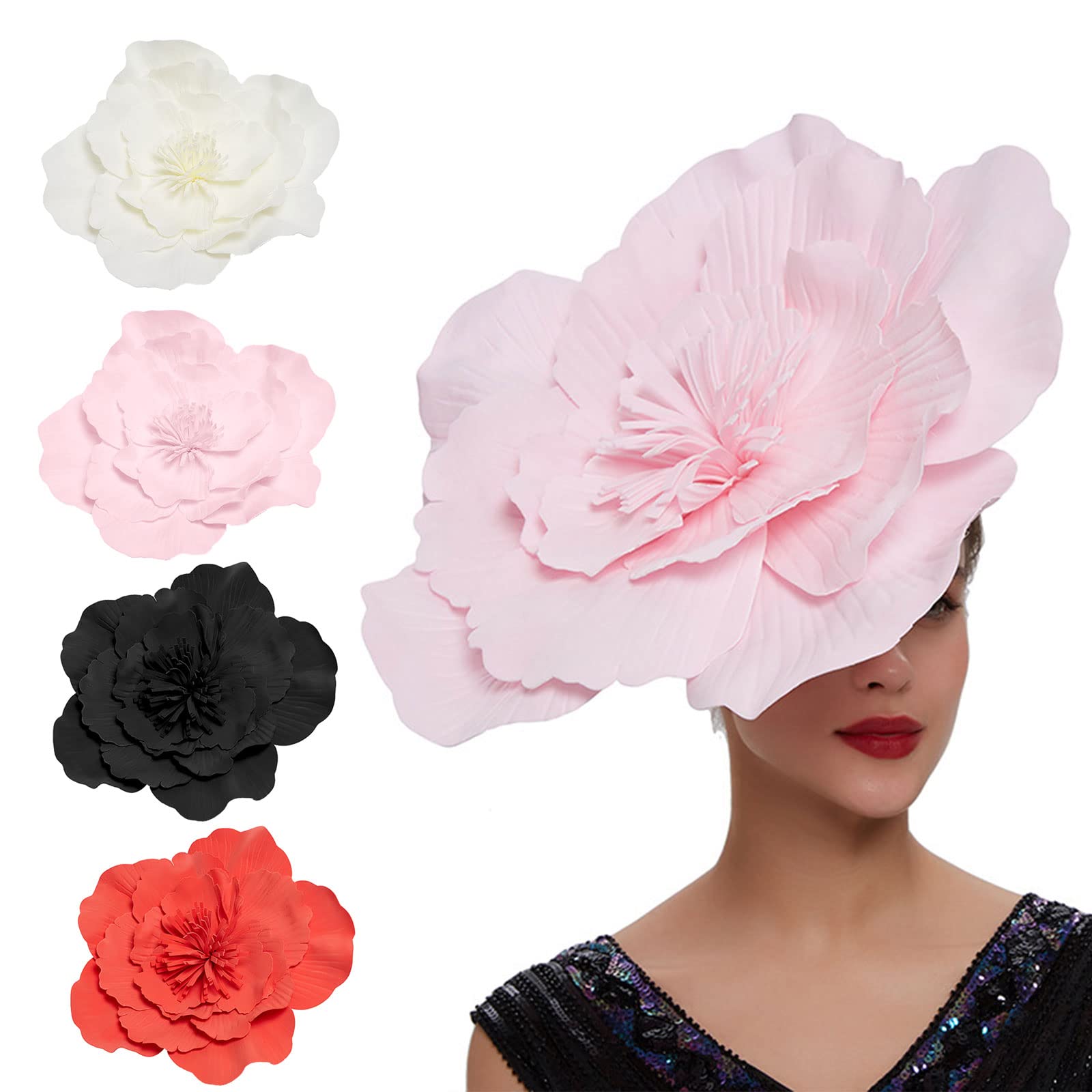 Rose Pink and Black Floral Fascinator Hat for Women rose-pink-floral-feather-  main image 3