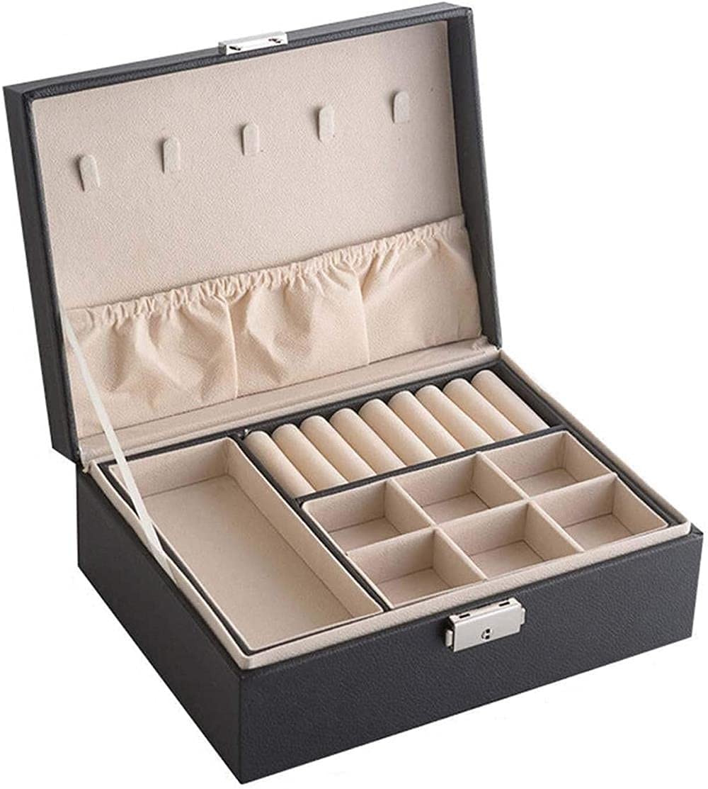 Jewelry Box Watch Organizer Black PU Leather 2 Layer Jewelry Holder Necklace Ring Earring Display Storage Case Gift