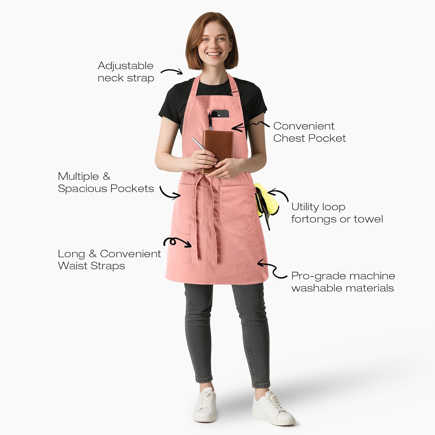 Unisex Apron with Pockets for Cooking, Salon & Art - 100% Cotton Adult Kitchen, Chef, Stylist Apron (Pink) - Image 3