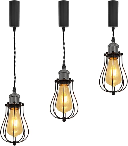 Miniatura 25 de Kiven H-System - Lámpara colgante de pista, estilo retro, diseño de loft vintage, lámpara de techo colgante de jaula de cesta negra, accesorio de 3