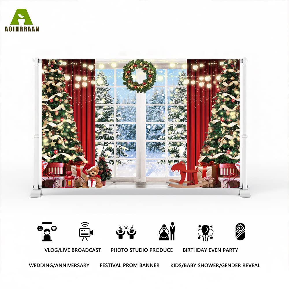 Aoihrraan 3x2,5m Noël Rebord De Fenêtre Photographie Toile De Fond Noël Arbre Couronne Rouge Rideau Cadeau Hiver Forêt Neige Vue Fond Nouveau Année Festival Famille Fête Portrait Photo Accessoires