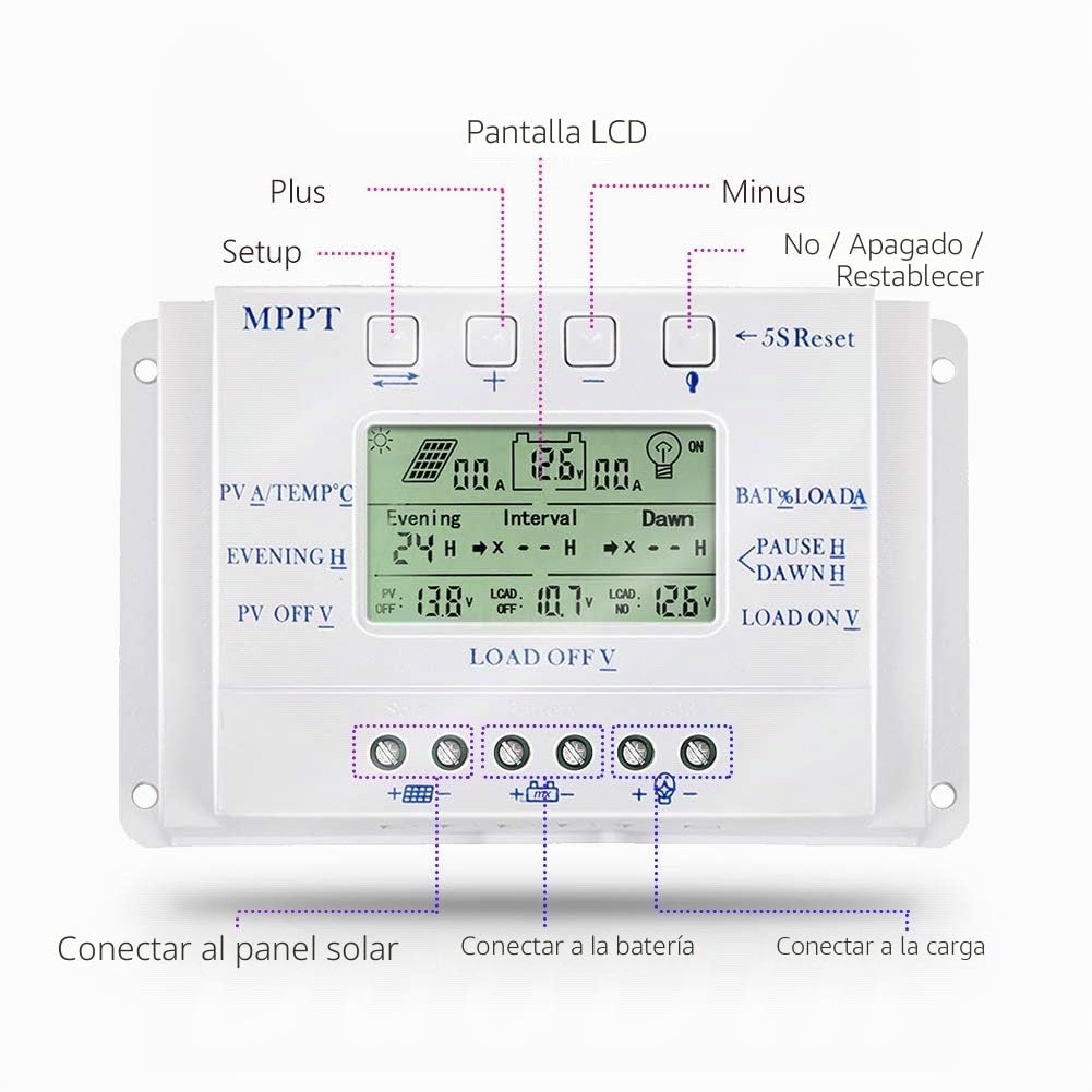 MPPT T40 40A Regulador de carga solar 12V 24V Controlador de pantalla LCD automático con control de temporizador de carga dual para sistema de luz de calle