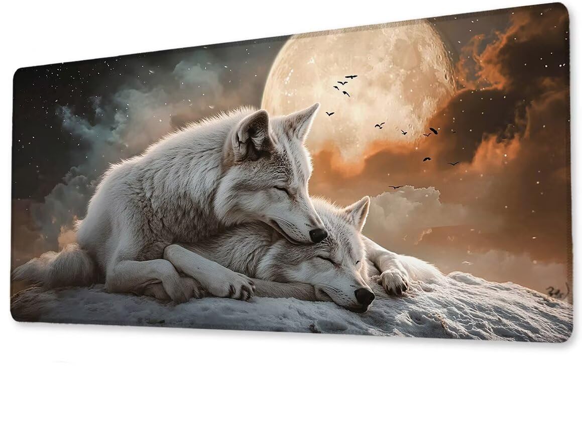 Alfombrilla Ratón XXL 600x1200x3 mm Mouse Pad Grande Gaming Lobo Alfombrilla Escritorio,con Base de Goma Tapete Escritorio con Bordes Cosidos, Impermeable Antideslizante Ordenador Desk Mat zj-757