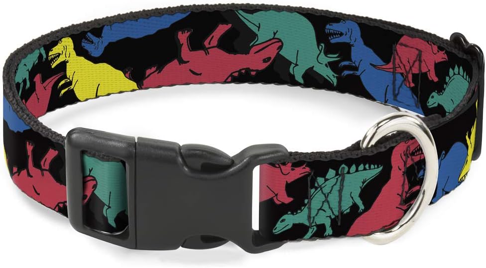 Buckle-Down Plastic Clip Collar - Dinosaurs Black/Multi Color - 1.5" Wide - Fits 18-32" Neck - Large