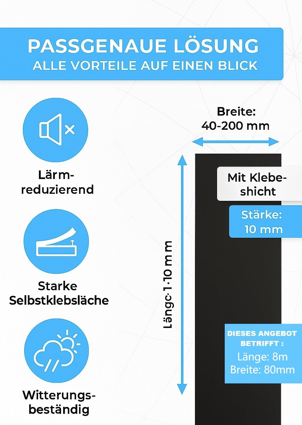 Moosgummi 4-20cm breit 10mm dick 1 bis 10m lang mit einseitiger Klebeschicht Zellkautschuk EPDM Gummidichtung Bodenbelag (BxH 8cmx10mm, 8m)