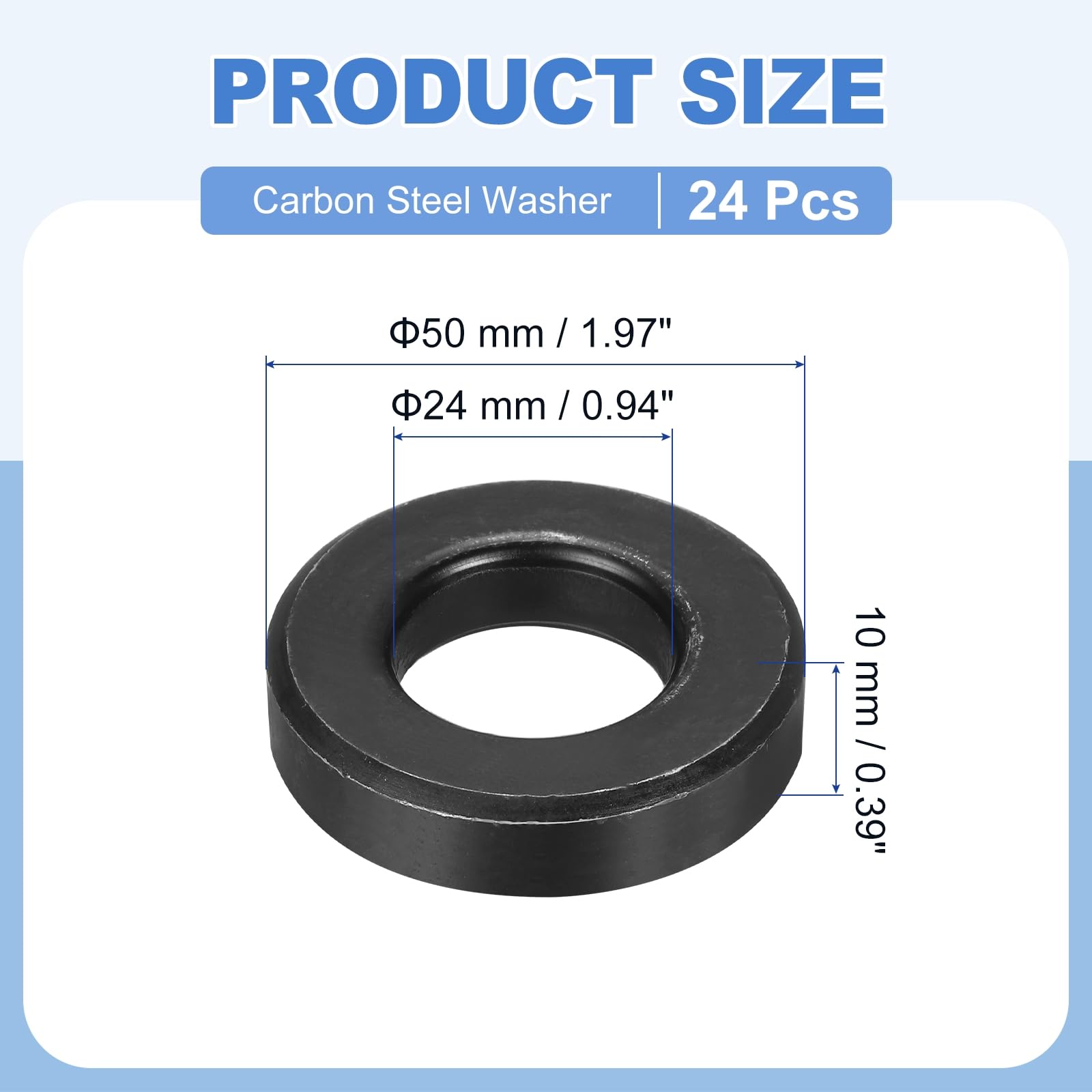 QUARKZMAN 24 Piezas de Arandela Plana Negra de 1" para Tornillo M24 Arandelas de Acero de Metal 24 Mm DI 50 Mm de 10 Mm de Longitud para Uso Industrial Tornillos Pernos