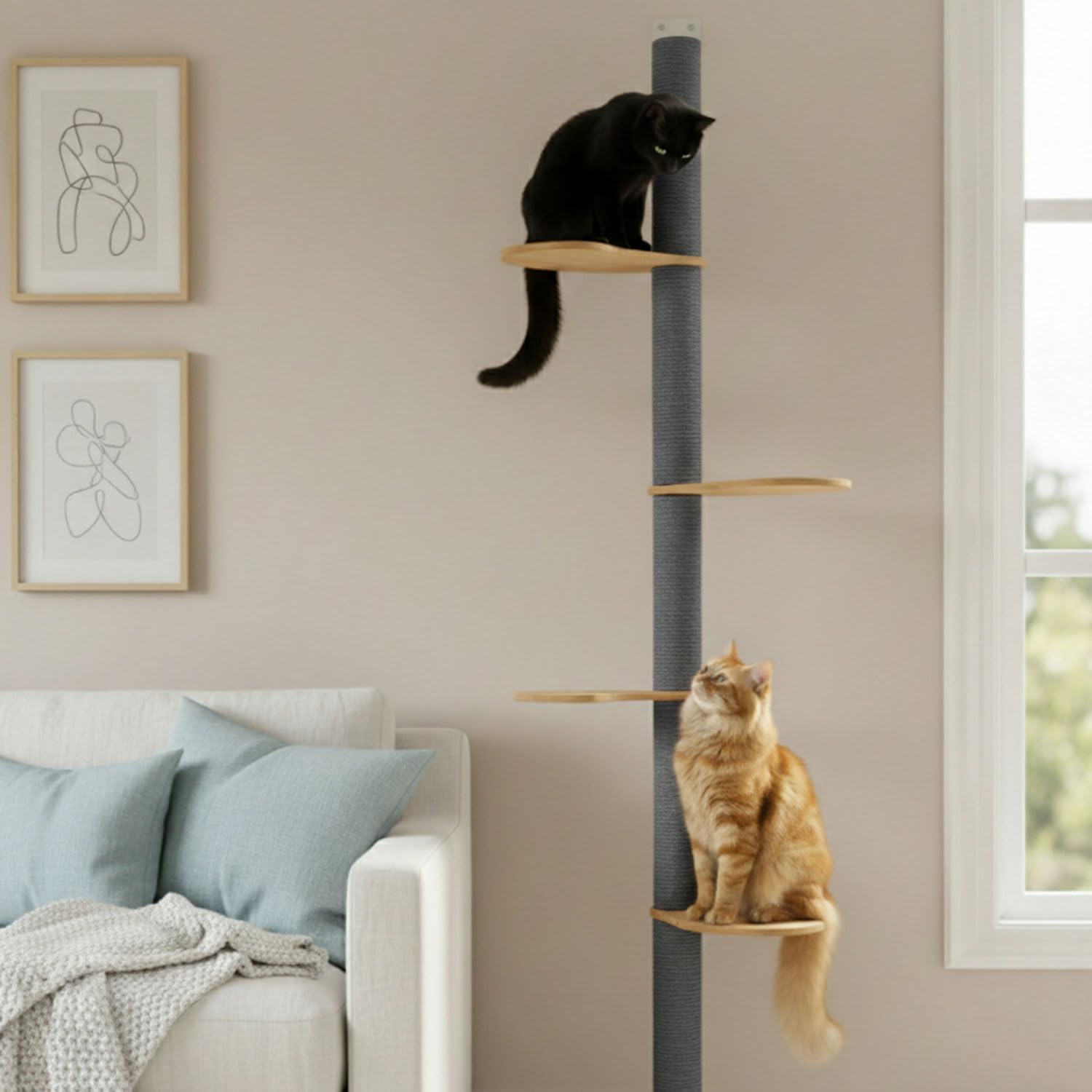 eyepower 205 cm Rascador de Pared Luna con 4 Plataformas de Bambú - Árbol para Gatos con Estanteria - Columna de Sisal Natural - Recorrido de Estantes - Torre Gato Estable - Poste Alto Fijación Mural