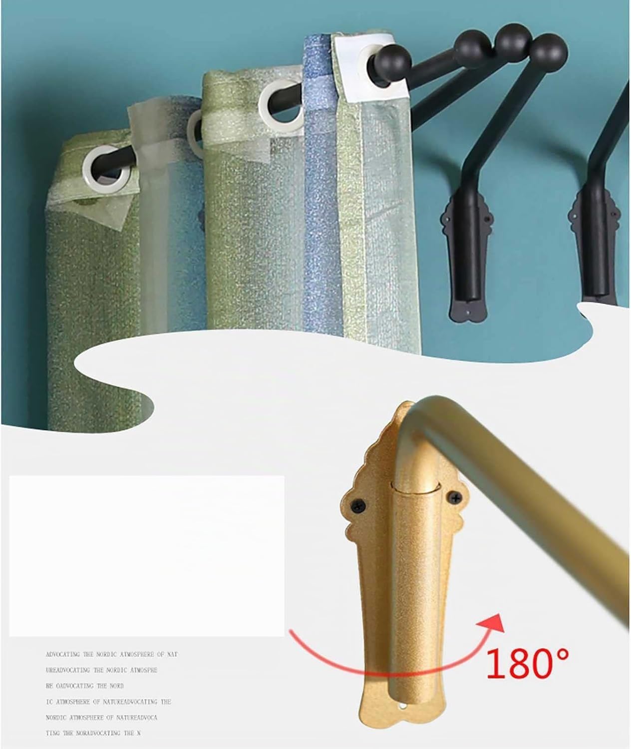 Barra de cortina con brazo giratorio pesado con topes, 40 kg de metal, 25 mm de diámetro, barra de cortina para cocina, cuarto de baño