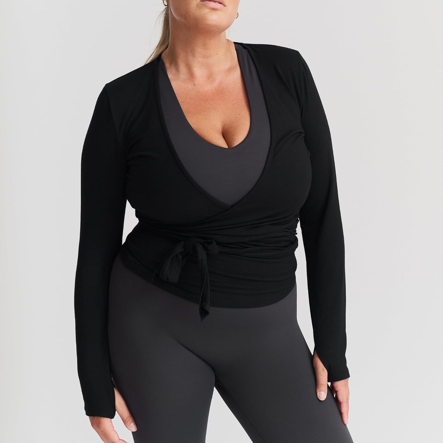 Women Wrap Top Y2K Stretchy Long Sleeve Deep V Neck Cross Tie Workout Ballet Blouse Thumb Hole Pilates Yoga Shirt - Image 4