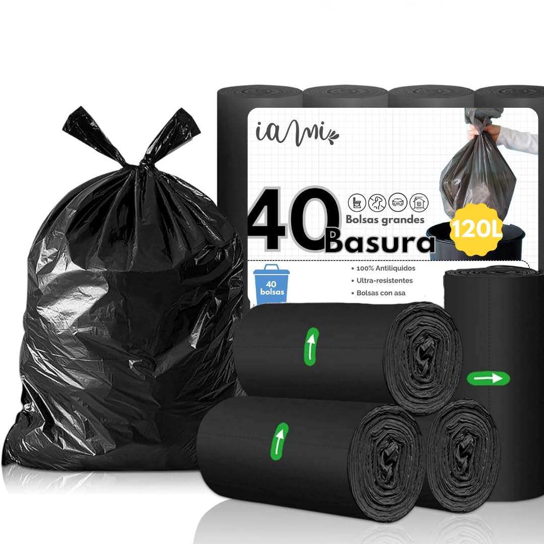 Bolsas de Basura Extra Grandes y Resistentes de 120 Litros - Para Cubo Grande - 85x105 cms - Color Negro (4 Rollos x 10 Bolsas)