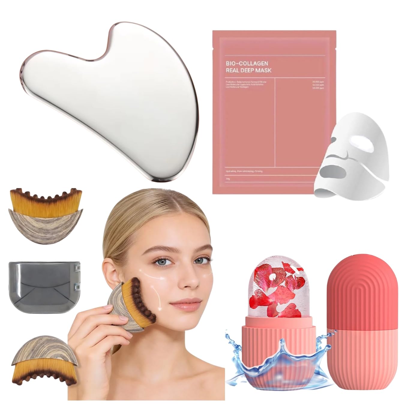 Face Contour Brush for Face Sculpting & Blending with Ice Roller, Gua Sha Tool & Collagen Mask | Makeup Brush + Facial Massage Kit for Skin Tightening & Glow-image-9
