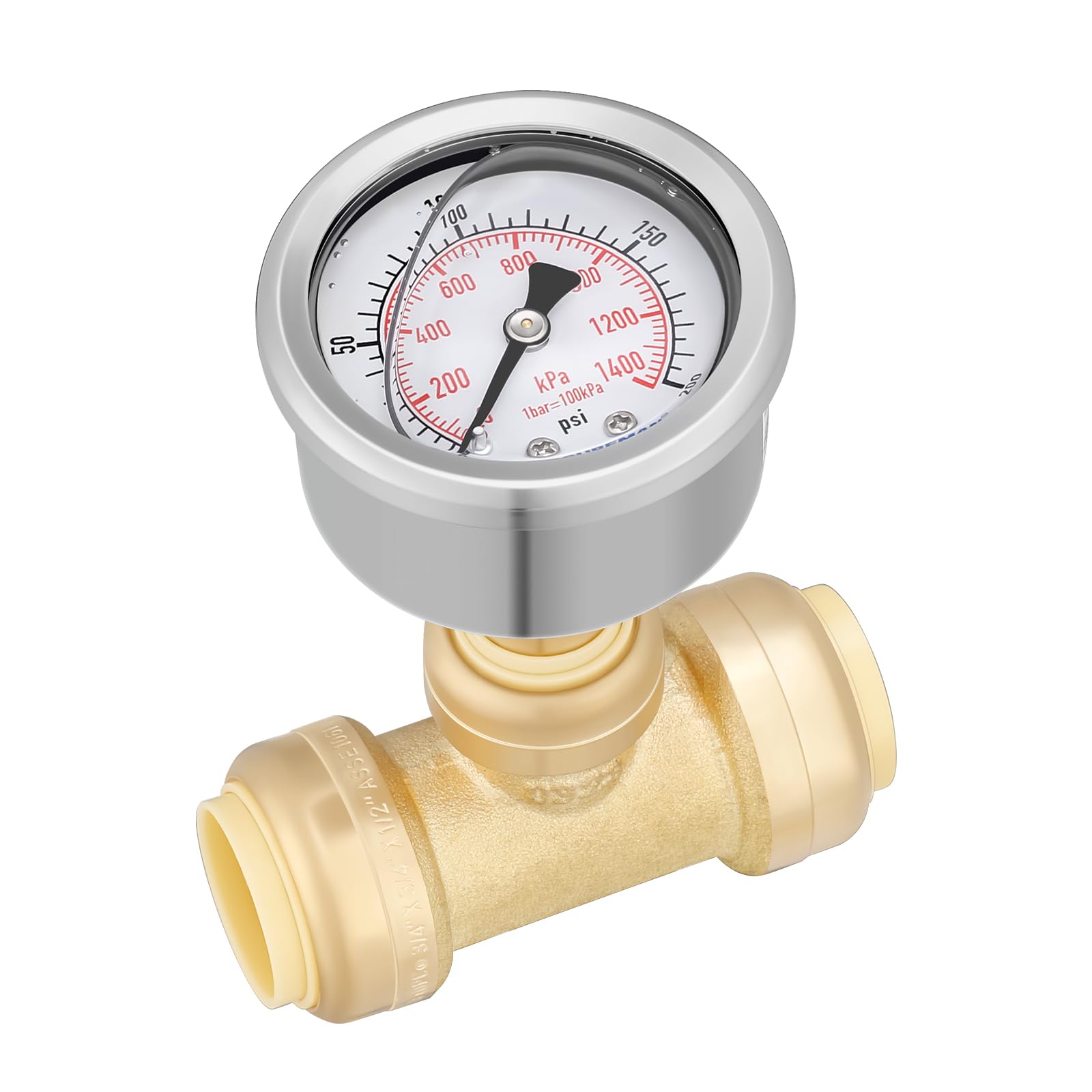 MEASUREMAN Manómetro de presión de empuje para conectar 0-200 psi, acero inoxidable, a prueba de vibraciones, tamaño de esfera de 2 pulgadas, con T de fontanería de ajuste a presión de 1/2 pulgada