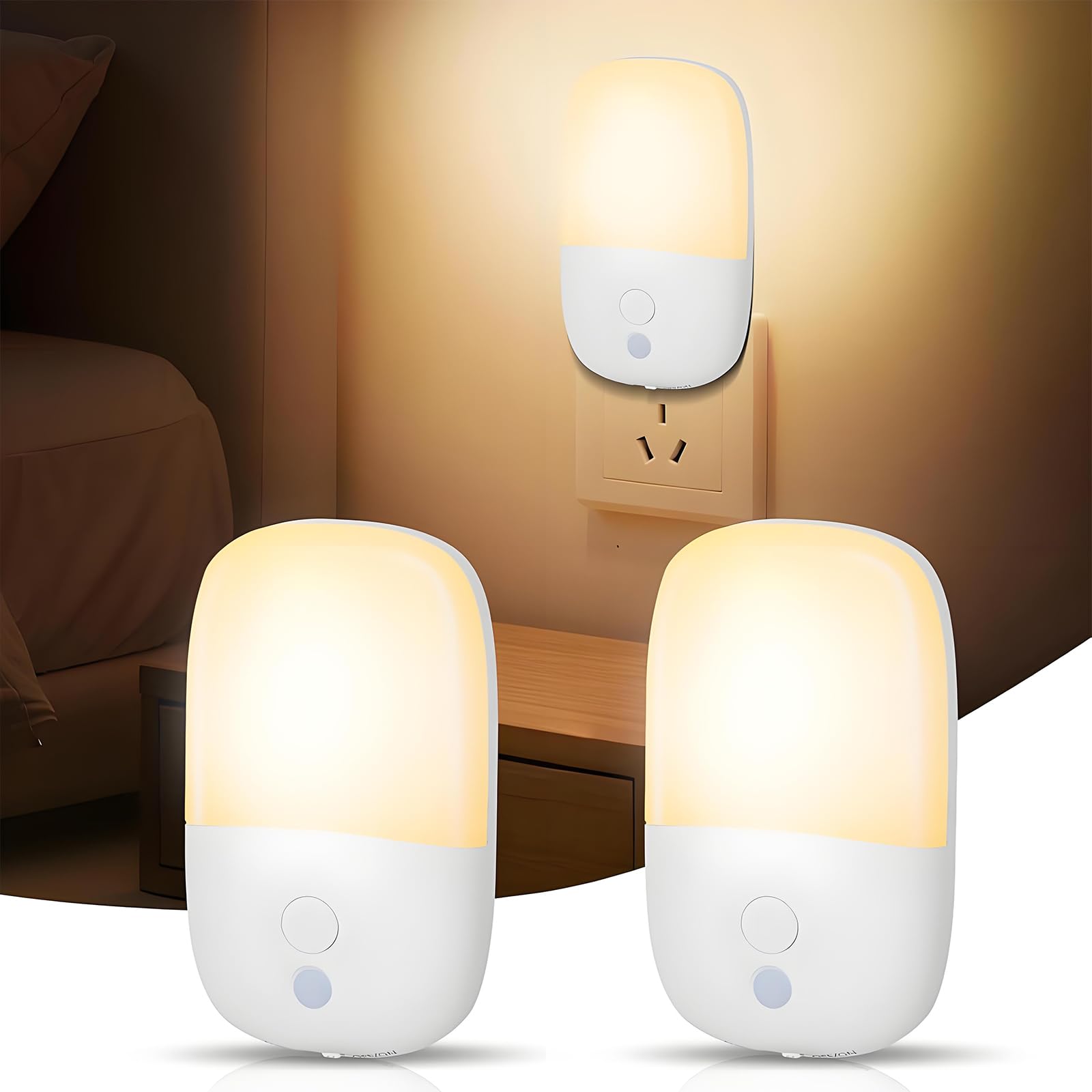 Night Light 2-piece Set Dimmable Plug-in Night Light Sensor Lamp Humanized Design Foldable Plug Eye Protection Warm Light Nightlights for Bedrooms, Bathrooms, Kitchens, Corridors, Stairs(UK Plug)