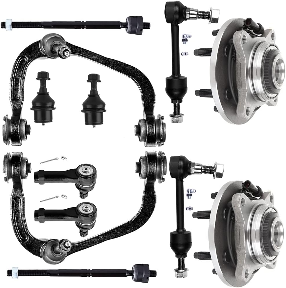 12-PC SET Suspension Kit fit 2004-2005 for Ford for F-150 Front Upper Control Arm and Ball Joint Lower Ball Joint Outer Inner Tie Rod End Sway Bar Link Wheel Hub Bearing