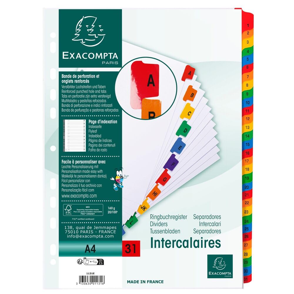 Exacompta - Nr ref. 1131E - Karton 10 przekładek z białej karty 160g/m2 FSC® z 31 cyfrowymi zakładkami drukowanymi od 1 do 31 kolorów - Strona indeksacyjna do druku - Do formatu A4 -Dim 22,5x29,7cm