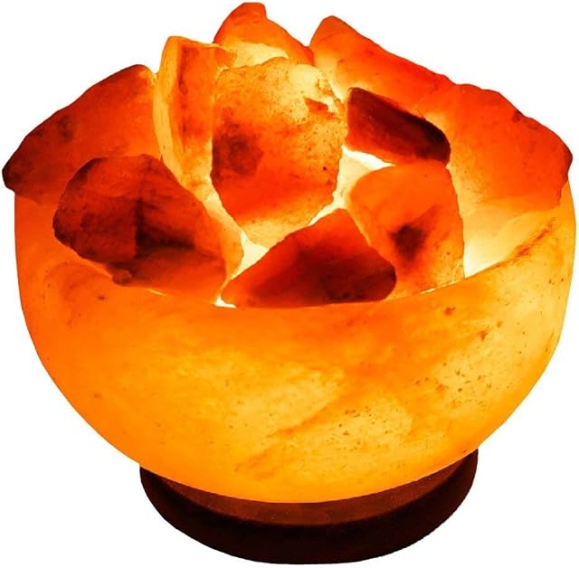 Salt Lamp Pink Crystal Light Himalayan Crystal Salt Natural IONES Therapeutic Fire USB Bowl Lamp with Chunks on Wooden Home Decor Accessory with Plug Fine Quality Christmas Gift for Men & Women