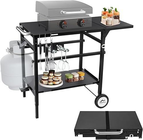 Mesa plegable para parrilla con doble estante, carrito de barbacoa móvil de 40 x 20 pulgadas, resistente, altura ajustable, amplio soporte de