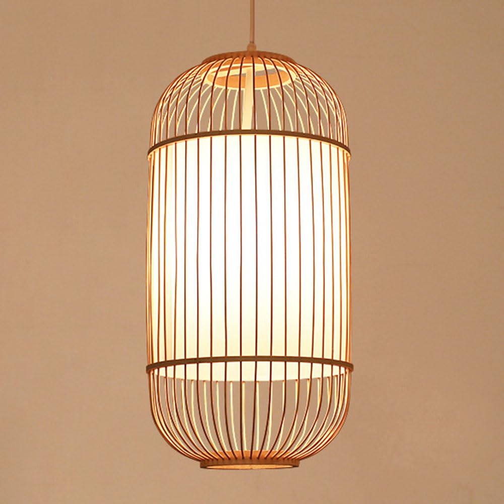 CSSYKV Japanese-Style Pendant Light Zen Style Bamboo Lantern 19.7'' Long Bamboo Birdcage Chandelier with Faux Parchment Lampshade E26 Socket for Kitchen Island Living Room Unique Lightings