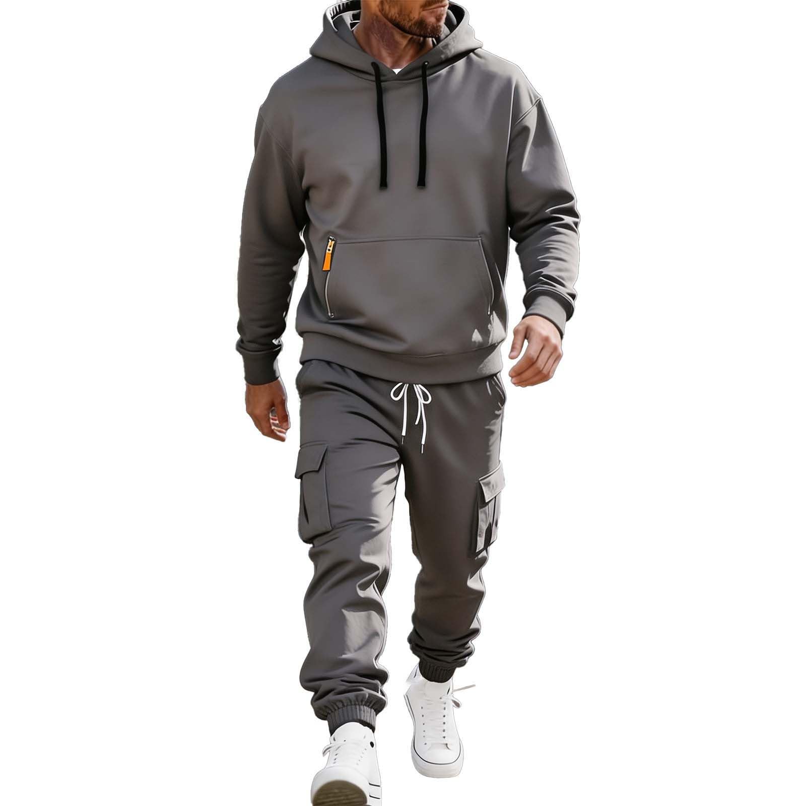 Tuta da jogging da uomo, in cotone, lunga, set da 2 pezzi, con felpa e pantaloni cargo, alla moda, alla moda, casual, streetwear, comoda tuta per il tempo libero