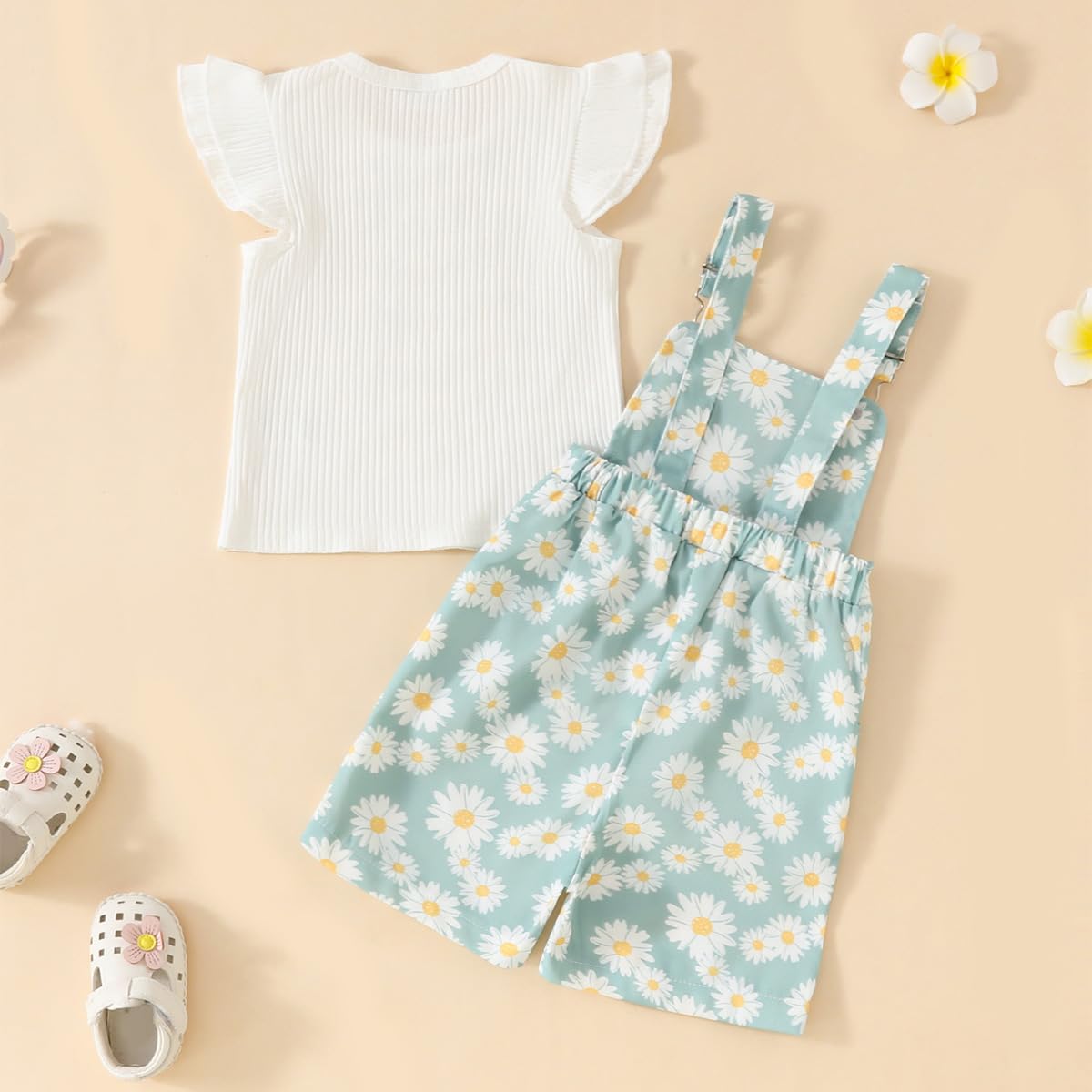 Conjunto Ropa de Verano para Bebé Niña Top de Canalé con Volantes+ Estampado de Margaritas Pantalones Cortos con Peto Bretelles Adorable Infantil Trajes - 4