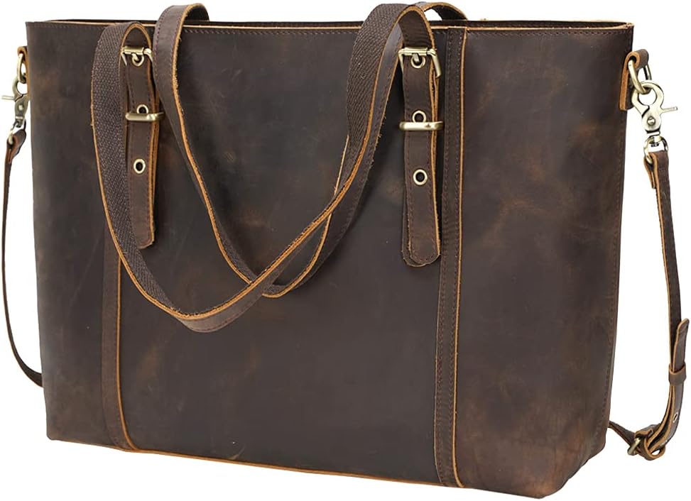 TIDING Leather Laptop Tote Bag for Women, Vintage 15.6 Inch Work Totes Shoulder Bag Business Office Teacher Bag with Adjustable Handles