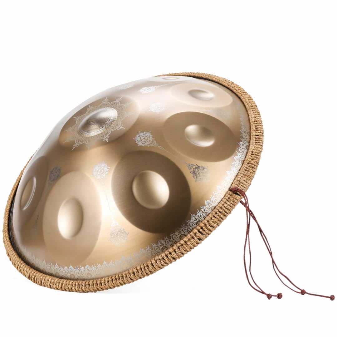 Handpan Mandala doré - 10 notes - Échelle courte - Instrument professionnel de guérison sonore - En acier de qualité supérieure - Tambour de méditation pour soulager le stress, le yoga et la