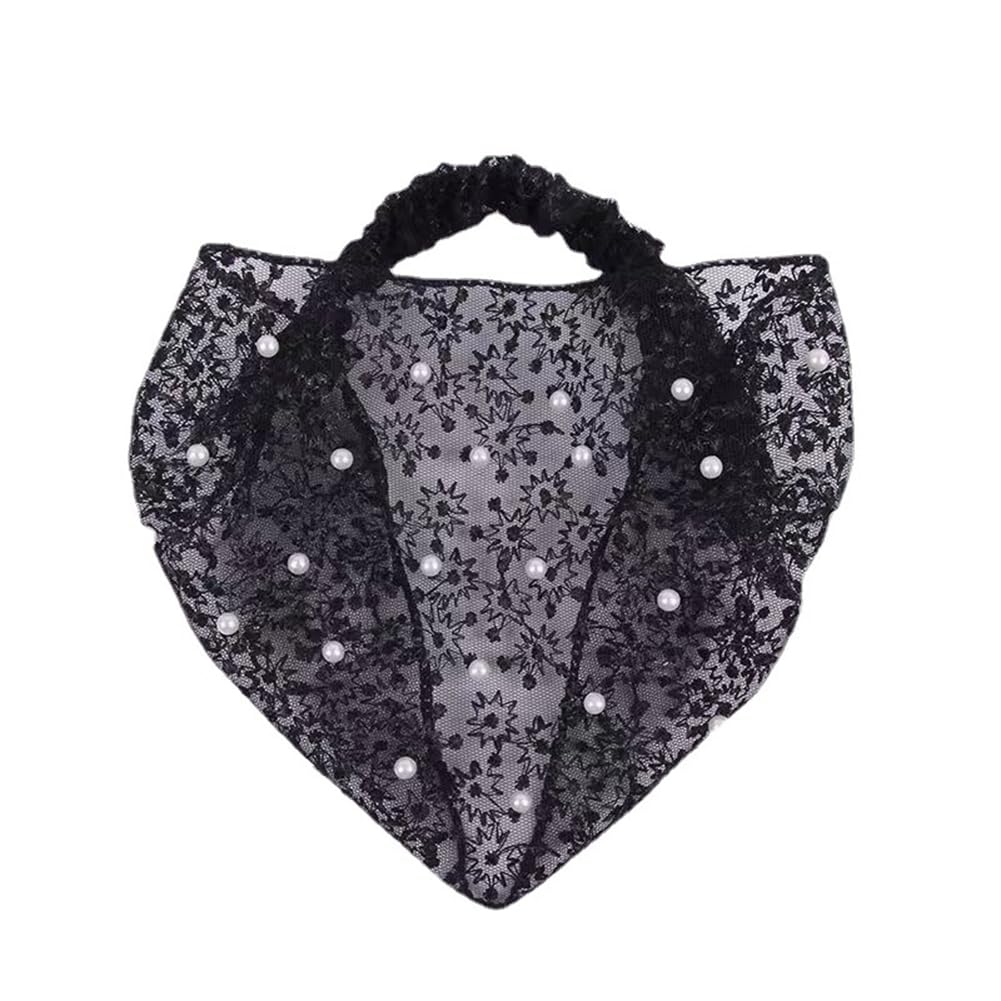 Yurosiay Fascia per capelli da donna in pizzo vintage con ricamo in pizzo con perle di fiori cavi, elastici eleganti perline per capelli larghi in pizzo per donne ragazze nero