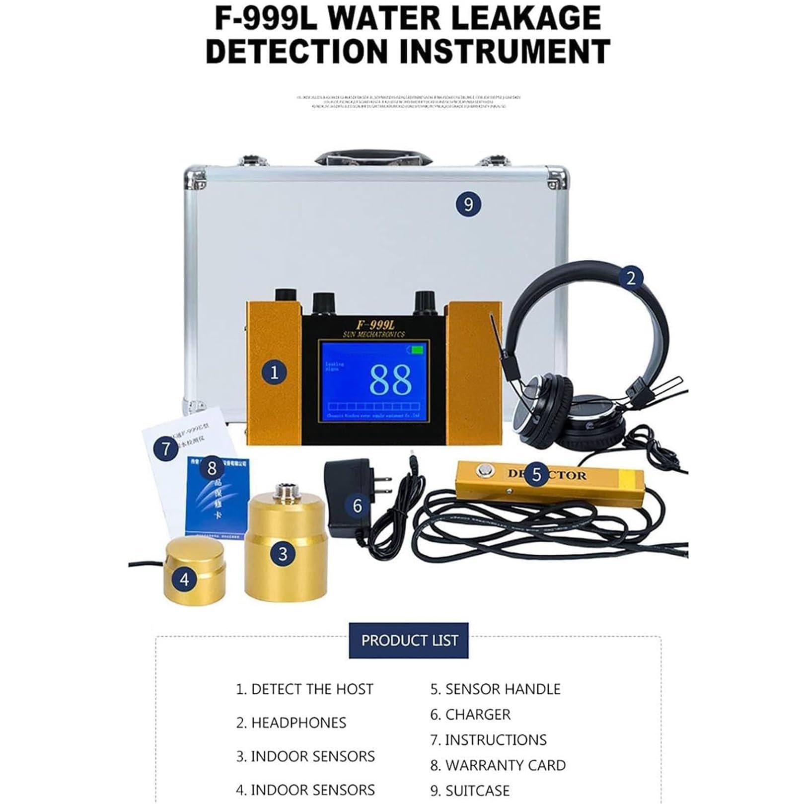 Detector Profesional de Fugas de Agua, Geófono de Alta Precisión para Tuberías Subterráneas, Sensor Localizador de Pérdidas en Cañerías de Agua Potable（F-999L）