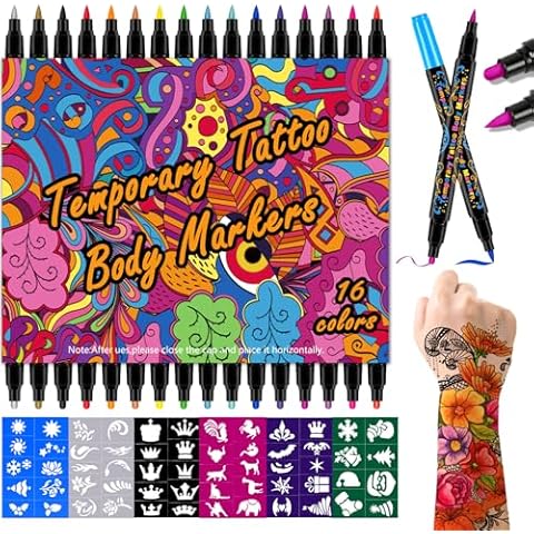 Temporary Tattoo Markers for Skin, 16 Colors Dual-End Body Markers Pens Halloween Face Painting Markers for Kids Adults, Washable Face Body Painting Kit Halloween Christmas Makeup Party Favors Cover