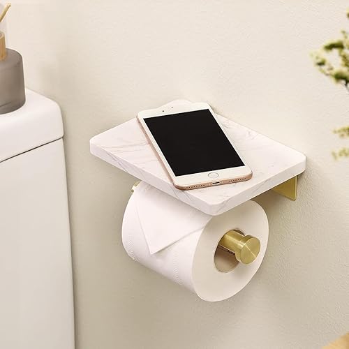Miniatura 6 de DAYELIVE - Soporte de papel higiénico dorado cepillado con estante de mármol, soporte de papel higiénico montado en la pared de acero inoxidable