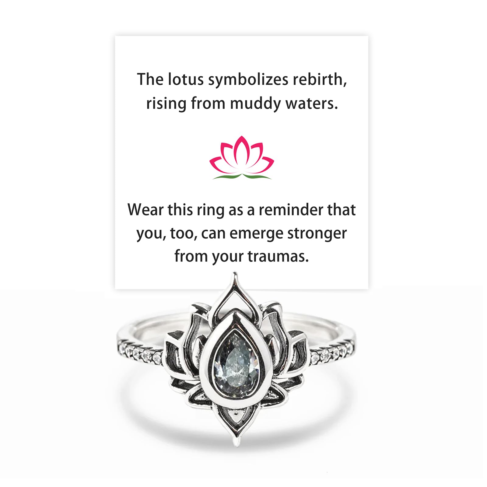 Trauma Lotus Ring for Women S925 Sterling Silver Lotus Rings Zircon Inlaid Inspirational Ring Jewelry Gift for friends Sister Family