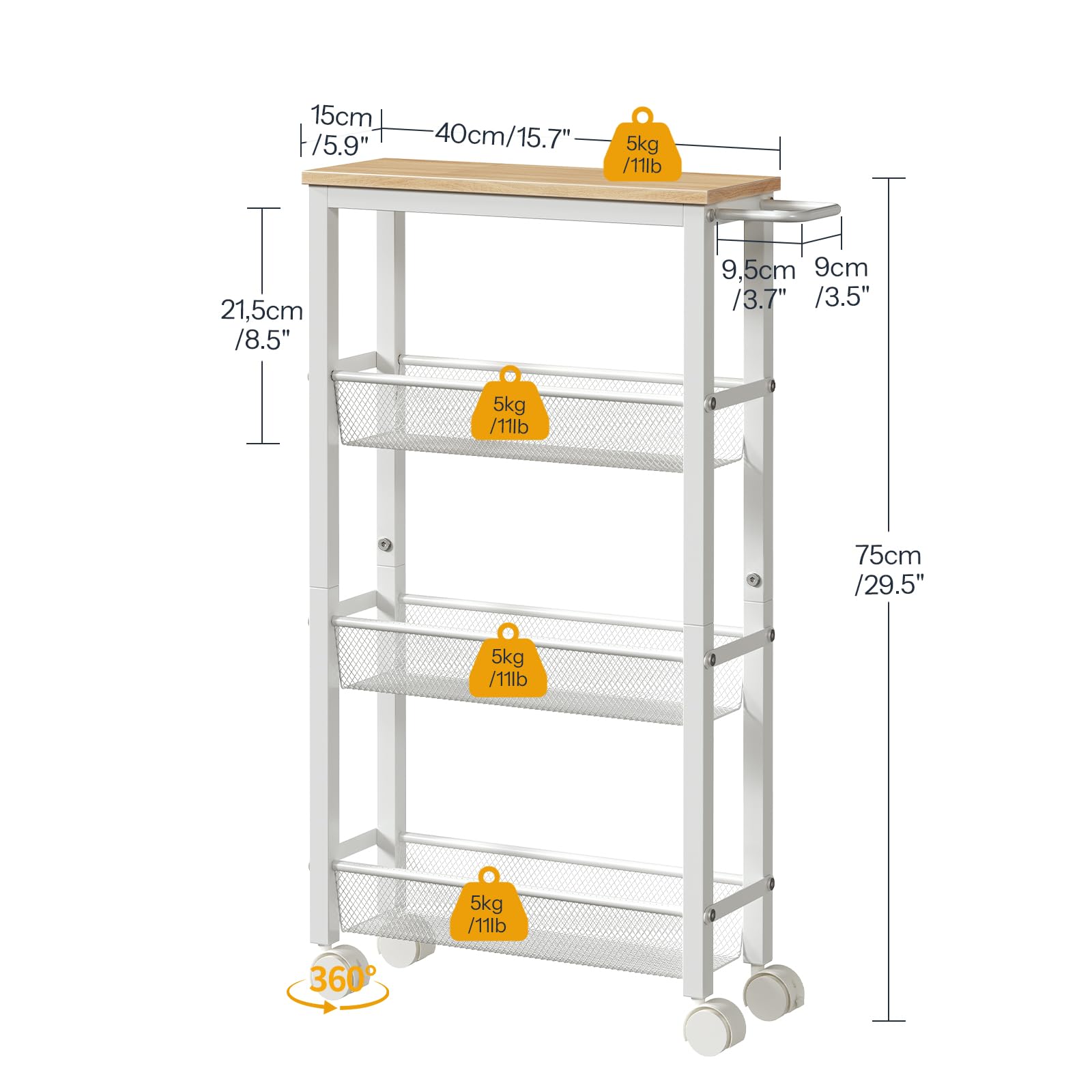 HOOBRO Carro de Servicio de 4 Niveles con Ruedas y Patas Ajustables, Carrito con Ruedas y Paneles Laterales, Carro de Cocina, Carrito de Bar, para Cocina, Salón, Blanco y Madera Natural EWN71TC01