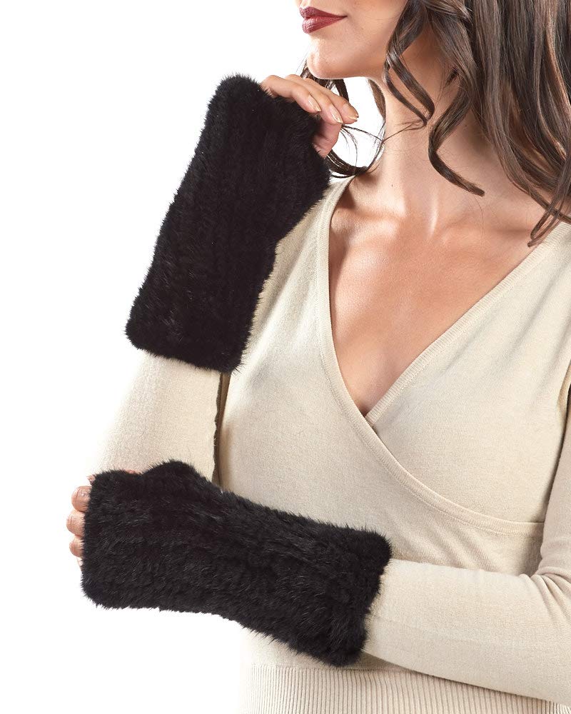frr Knit Mink Fingerless Gloves In Black