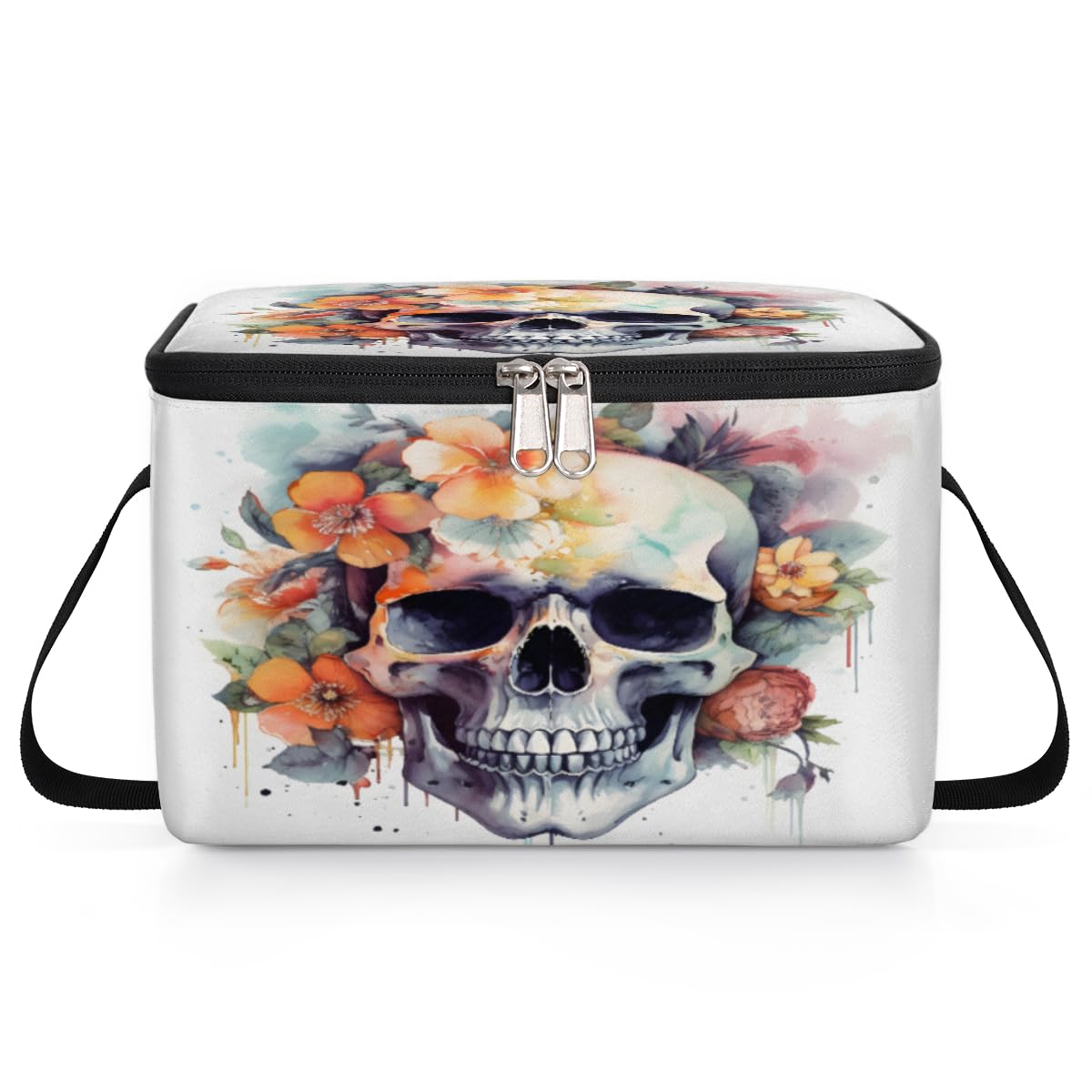 GzLeyigou Sugar Skull Flowers Lunch Bags for Women Men 9 Cans, Hot & Cold Food Delivery Bag Insulated Grocery Bag Insulated Lunch Box Skull Flower Cooler Bag for Office Work Picnic Beach