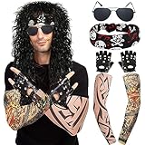 CJK Mens 70s 80s Wig Long Black Curly Wigs for 80s Costume Men Women Mullet Rocker Costume Wig with Accessories CJ024BK