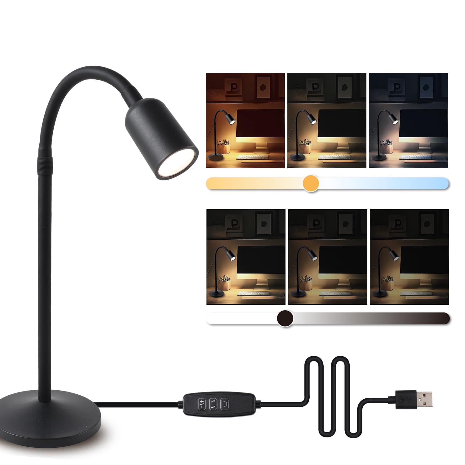 DAMI Dimmable LED Desk Lamp USB Powered, 3 Color Modes Flexible Gooseneck Reading Light, Eye-Caring Small Table Lamp for Home Office Study Bedroom Dorm Bedside - Black