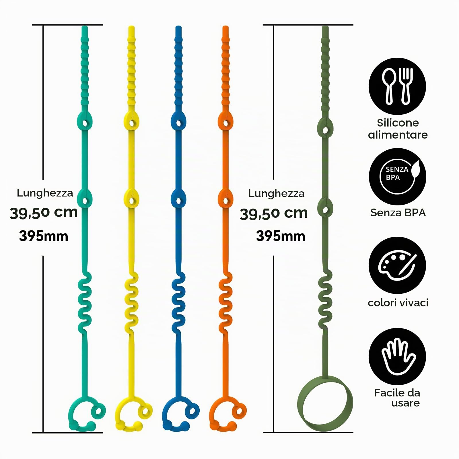 Clip per giocattoli in silicone per bambini - Cinghie regolabili per giocattoli e clip per ciuccio per passeggini, seggioloni, culle, seggiolini auto (4 pezzi)