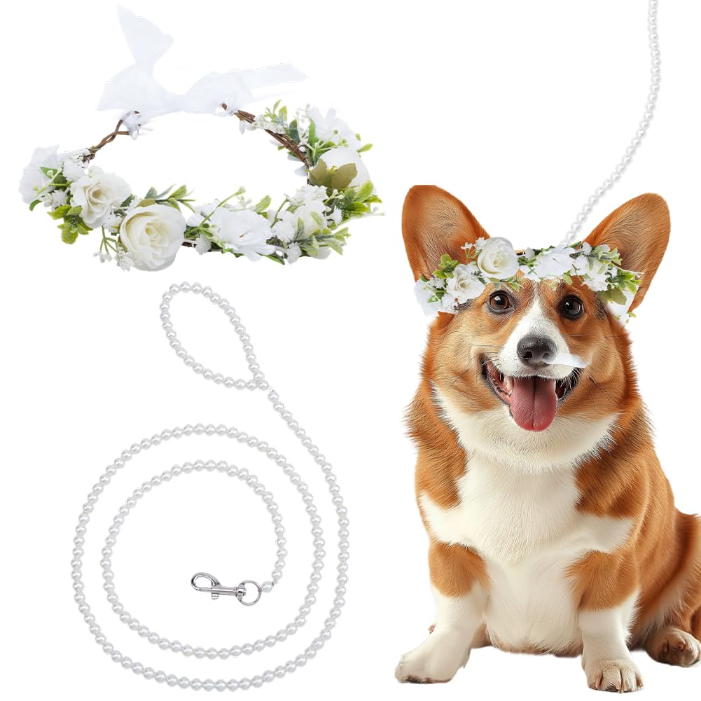 DELORIGIN 2Pcs Dog Wedding Flower Collar with Pearls Beaded Leash, Dog Flower Collar Wedding and Leash Set Pearls