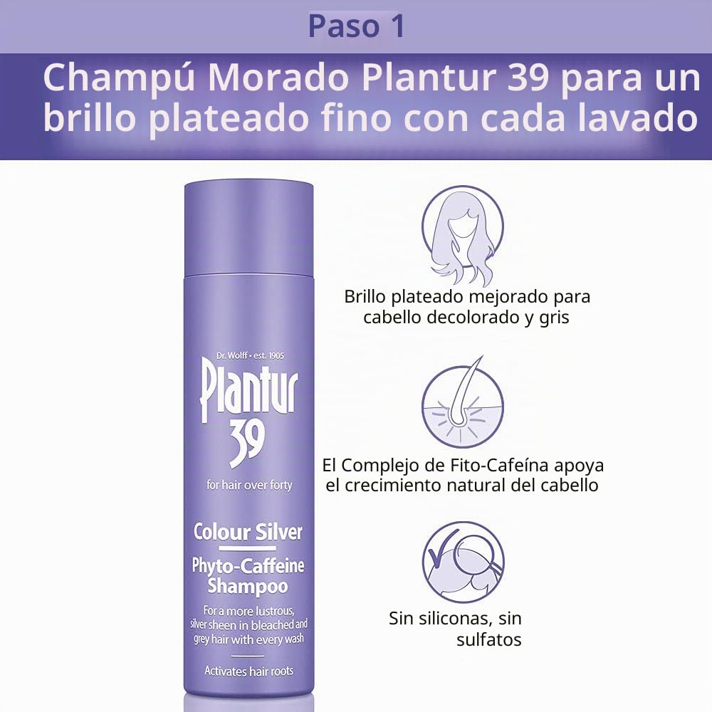 Plantur 39 Juego de champú y acondicionador morado | Brillo plateado mejorado para cabello decolorado y gris | Previene y reduce la pérdida de cabello y apoya el crecimiento del cabello | 1 champú de