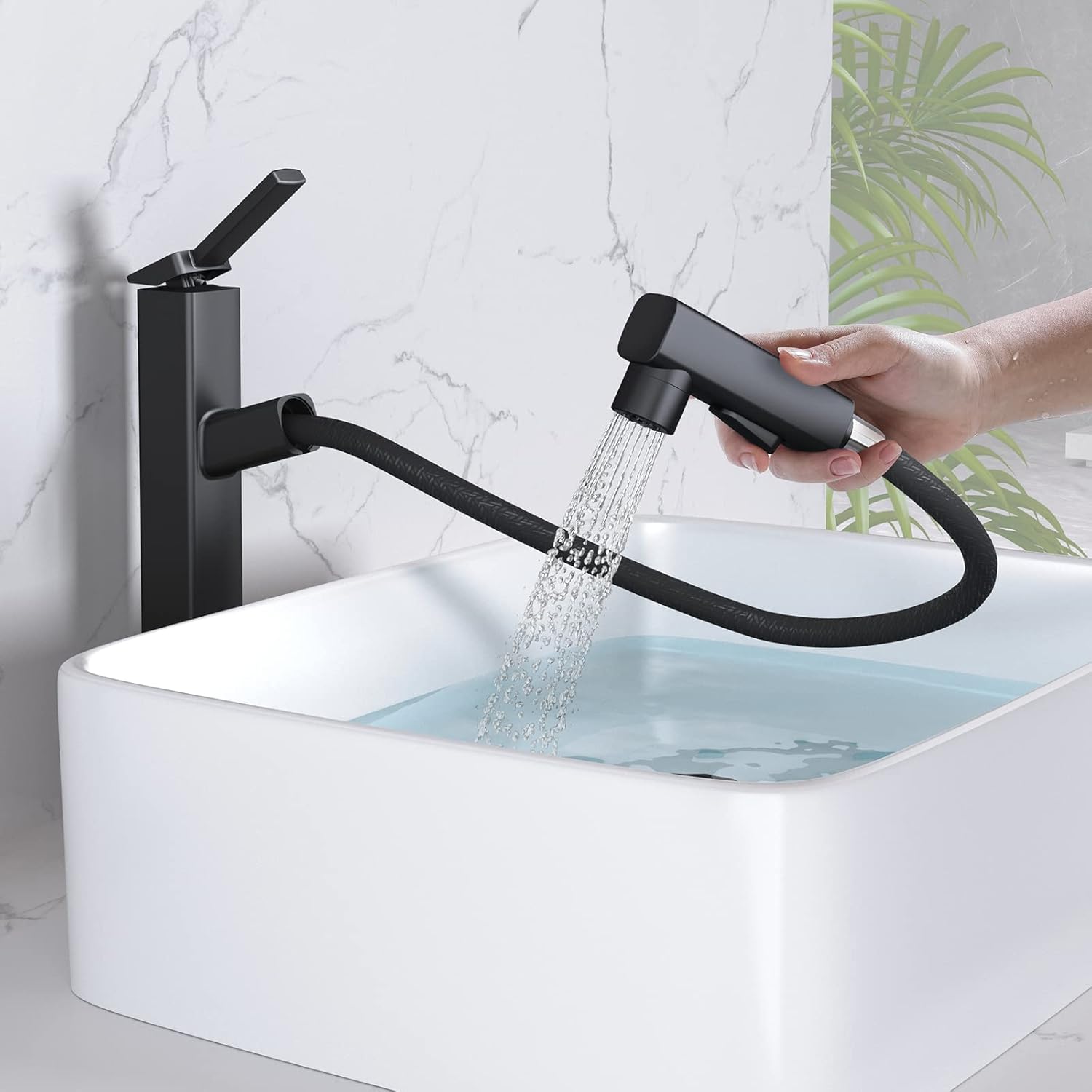 MIAOHUI Vessel Sink Faucet with Pull Out Sprayer, Tall Bathroom Sink Faucet with 3 Spray Mode, High Bathroom Faucets for Sink 1 Hole, Single Handle Modern Vanity Faucet with Fountain Mode, Matte Black Tall Matte Black